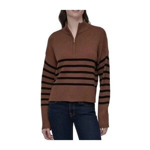 DKNY Women's XL Brown Striped Quarter Zip Pullover Sweater Cardigan NWT $79